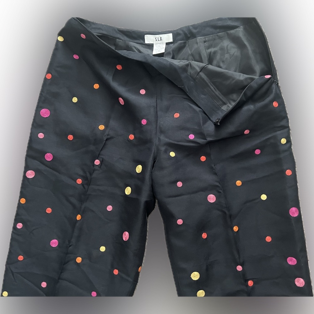 VINTAGE 100% Silk Multicolor Polka Dot Black Pants By S.L.B. Size 8. - Picture 6 of 14